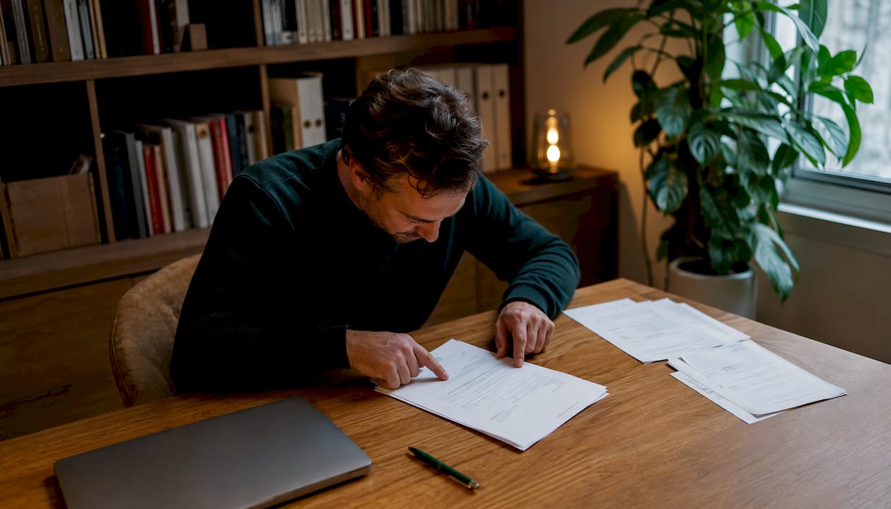 Aan de keukentafel worden contracten en facturen aandachtig doorgenomen.