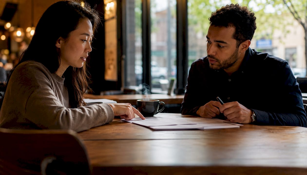 Twee collega’s zitten samen om tafel om de mogelijkheden van een aansprakelijkheidsverzekering te bespreken.