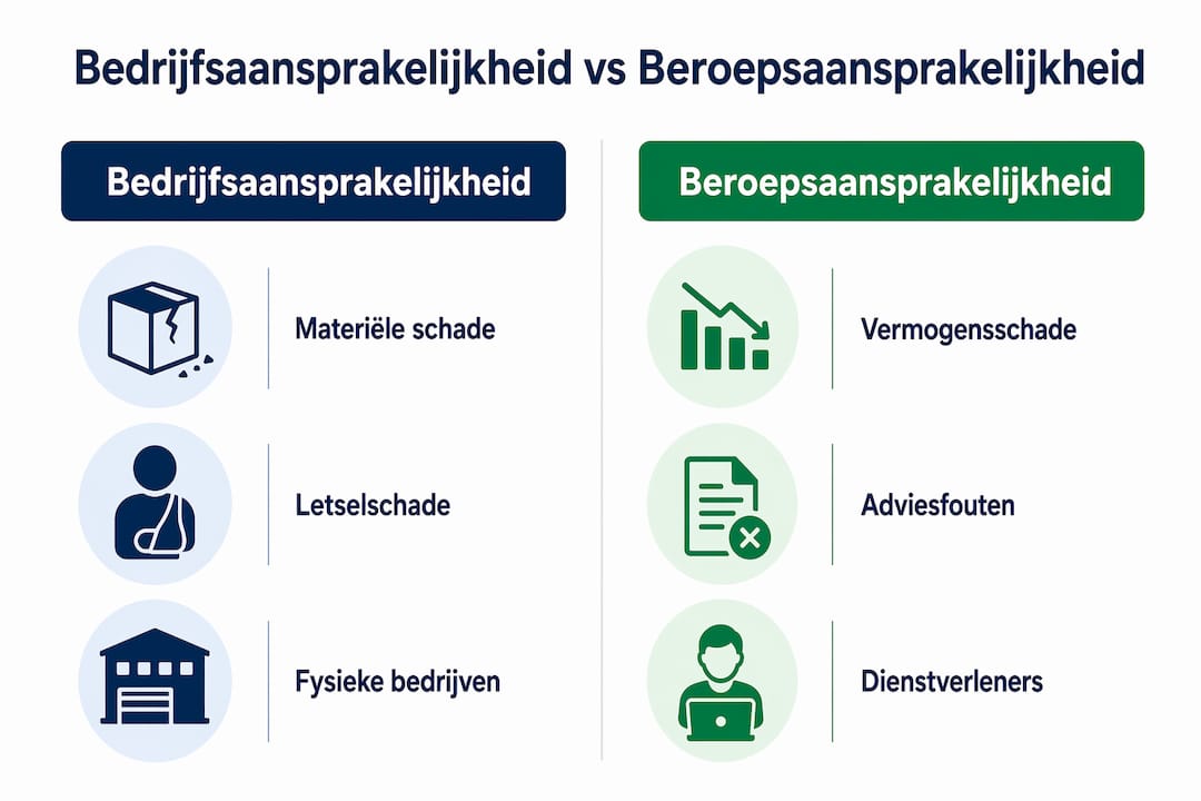 Overzichtelijke infographic: de verschillen tussen zakelijke aansprakelijkheidsverzekering en beroepsaansprakelijkheidsverzekering helder uitgelegd
