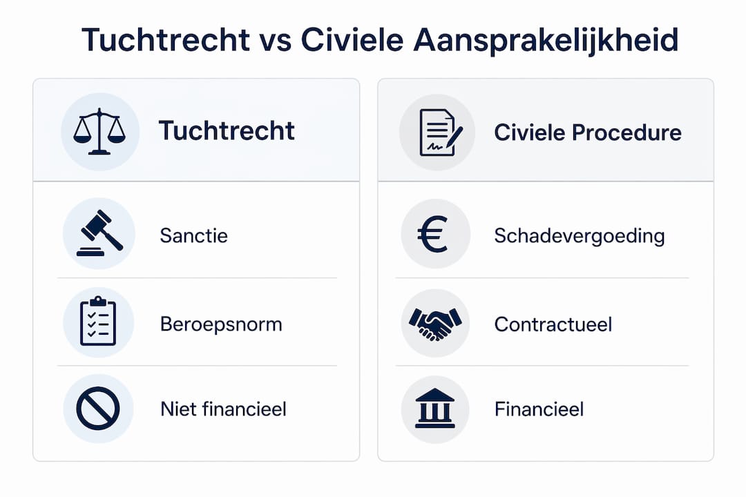 Infographic: de verschillen tussen tuchtrecht en civiele aansprakelijkheid op een rij