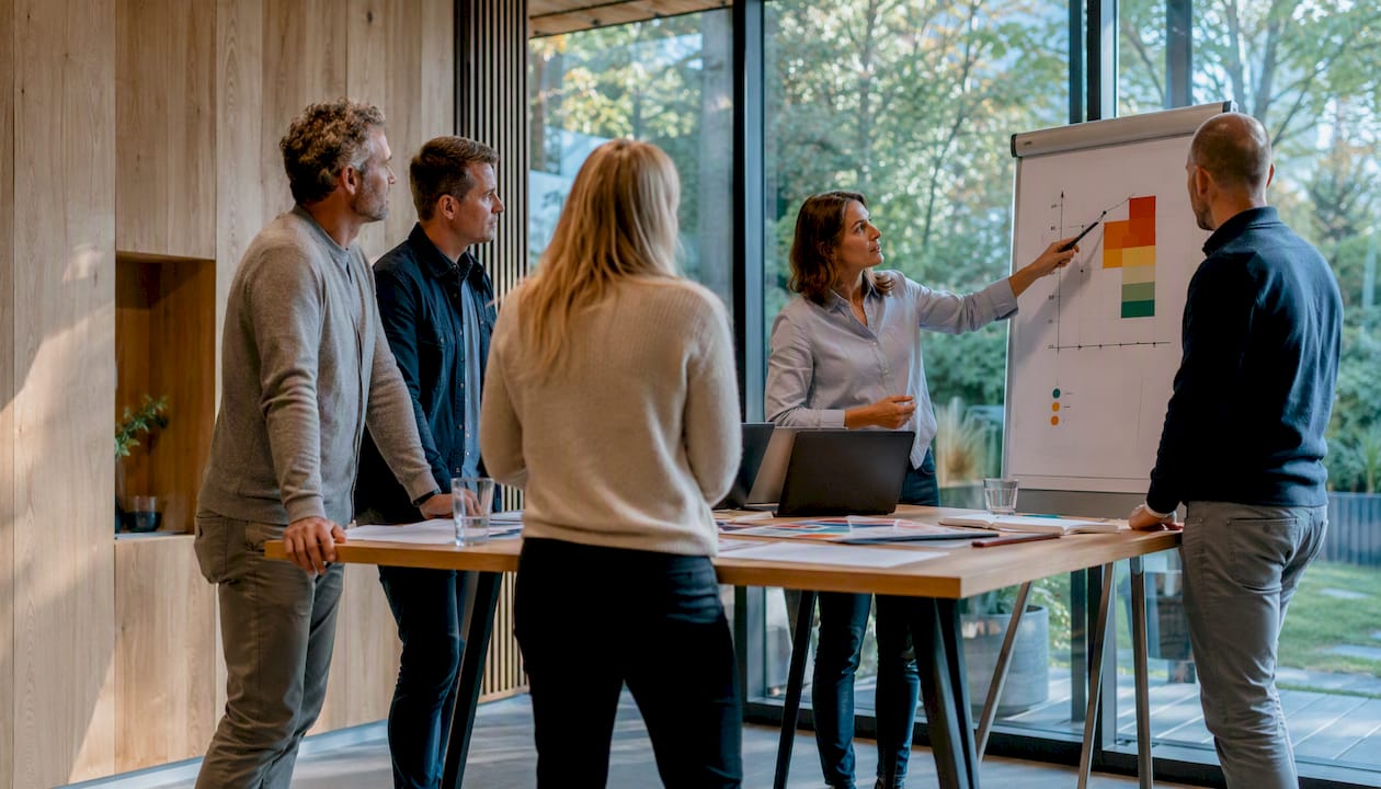 Het team loopt samen de stappen van de risicoanalyse door.