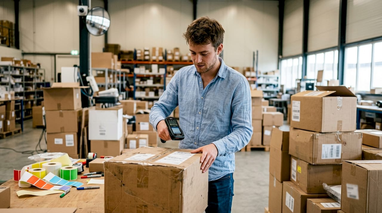 Een ondernemer inspecteert de aangekomen buitenlandse producten in het magazijn.