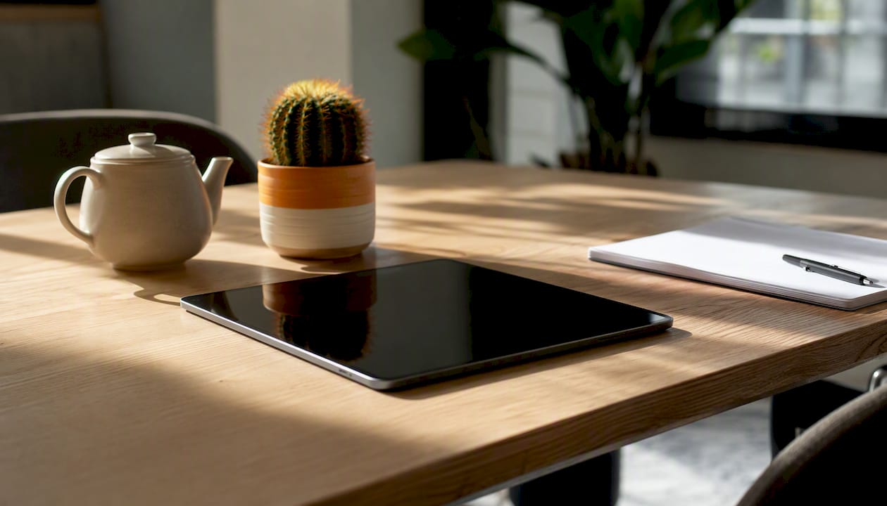 Een tablet en een koffiemok op het bureau, met een checklist als centraal thema.