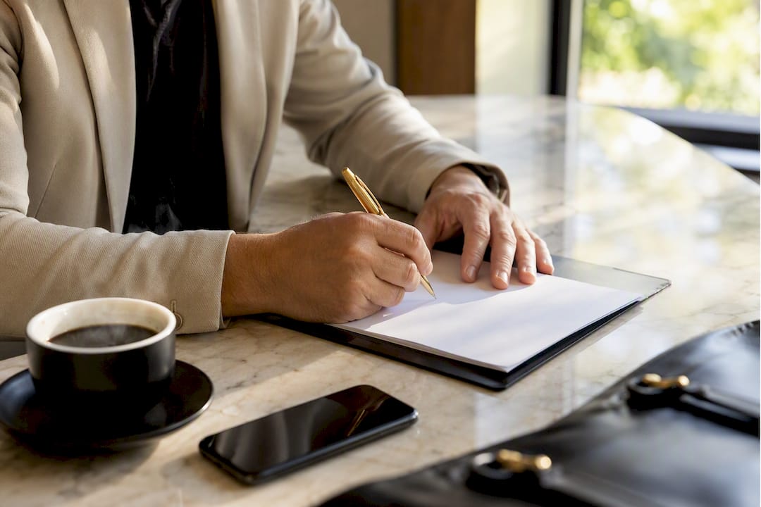 Adviseur die contract ondertekent op houten tafel
