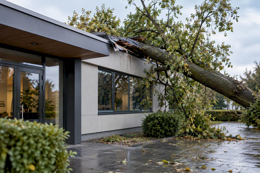 Stormschade aan bedrijfsgebouw door omgewaaide boom