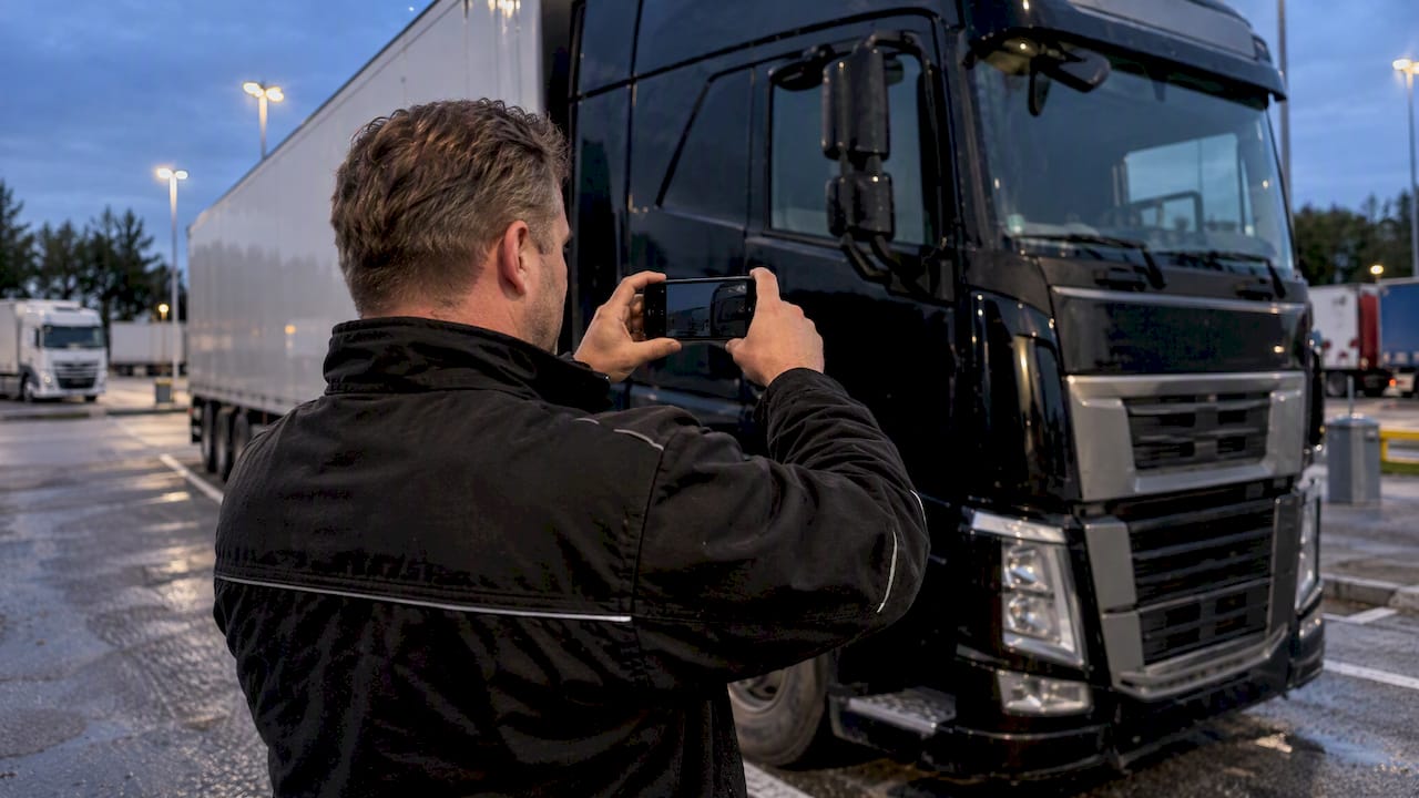 Chauffeur maakt foto van vrachtwagen bij aankomst