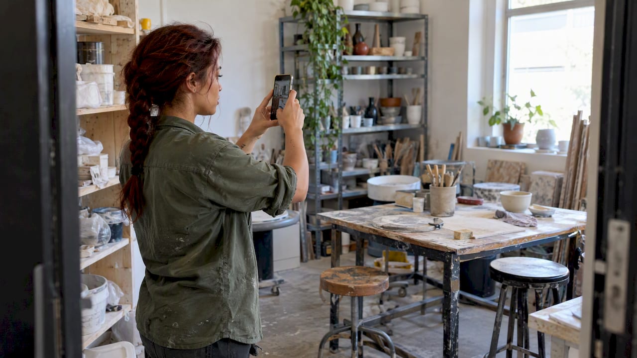 Een ondernemer maakt foto’s van de inventaris in de werkplaats voor een verhuizing
